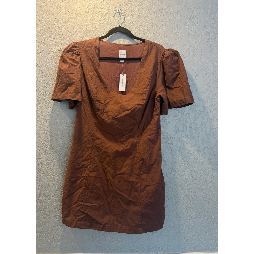 Maeve Anthropologie Linen Blend Puff Sleeve Mini Dress Brown Scoop Neck NWT